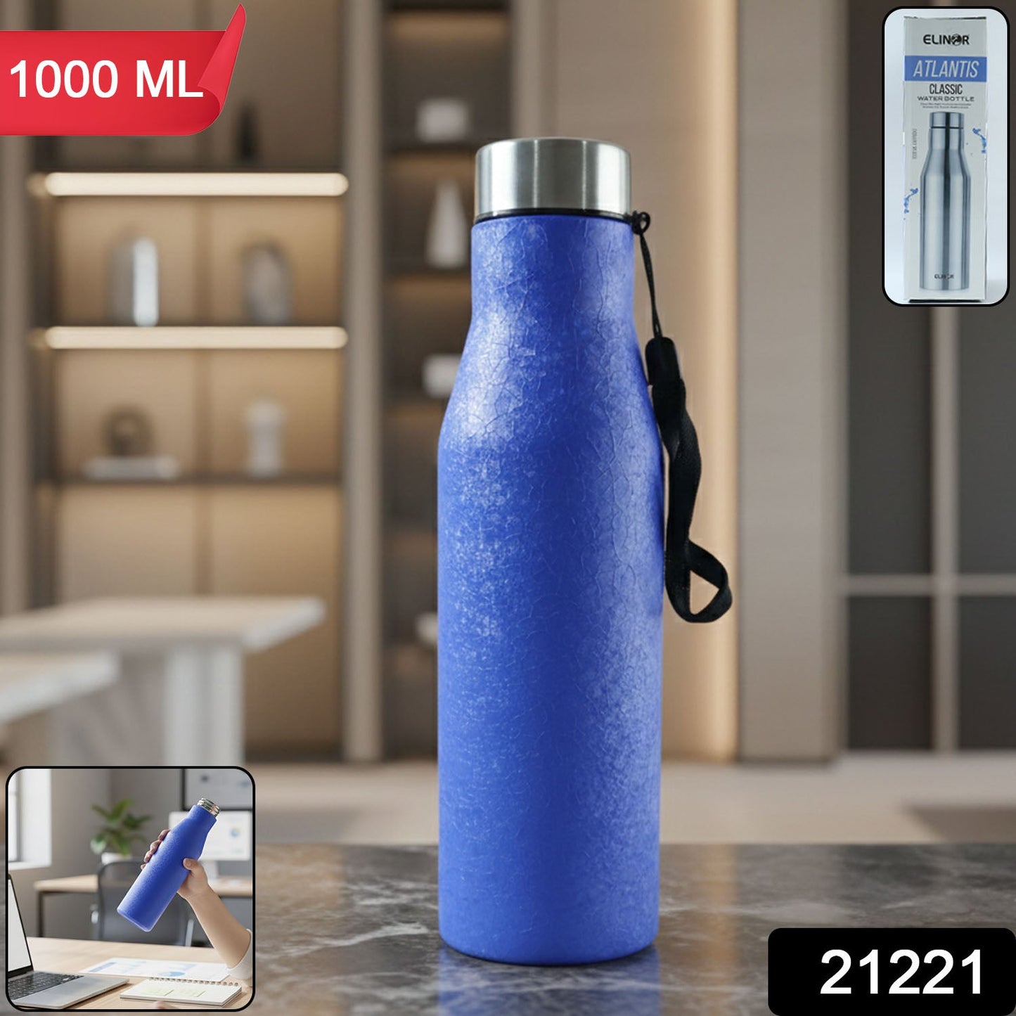Classic Stainless Steel Water Bottle Blue Color (1000 Ml 1 Piece) - Grandsell