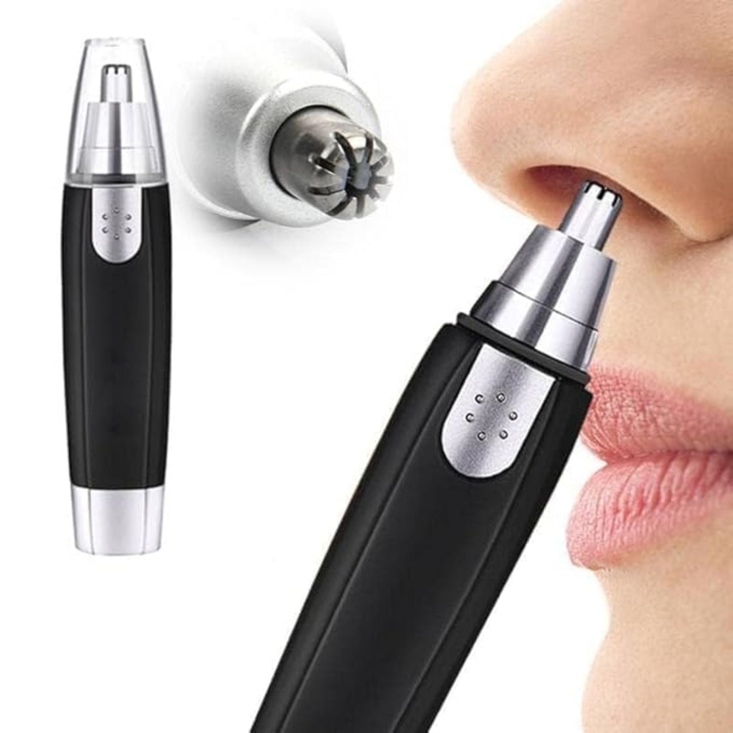 Black and silver nose hair trimmer being used on a person's nose with close-up of attachment.
