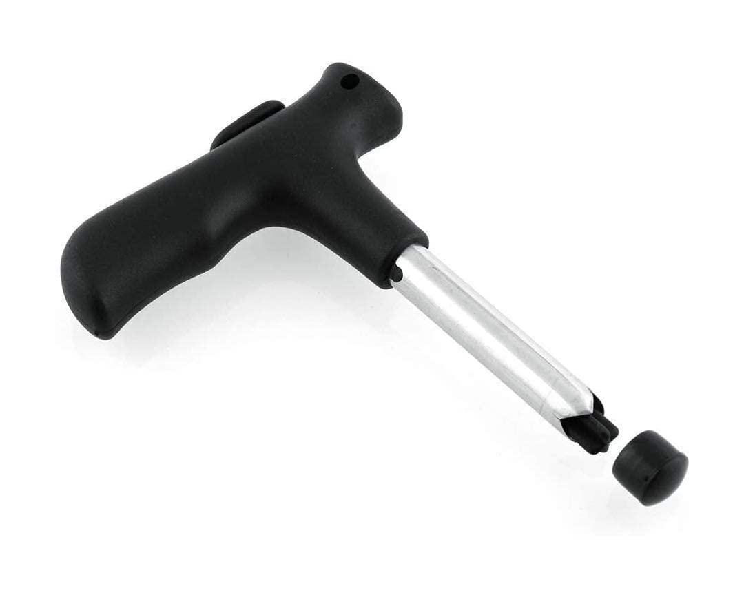 Black and silver tool on a white background