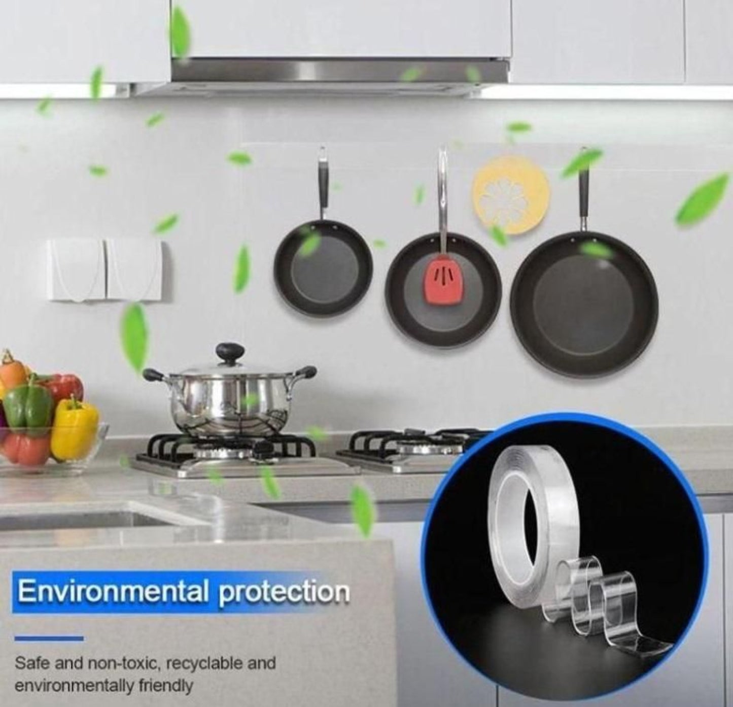 Kitchen setting with pots and pans on hooks, emphasizing environmental protection.- grandsell