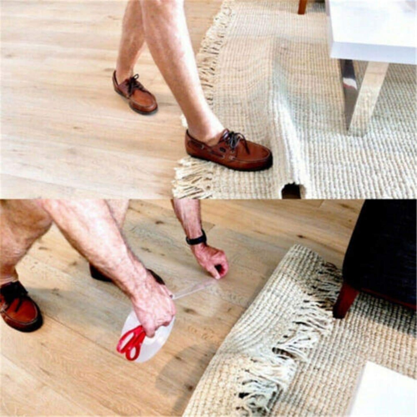 Person cleaning a wooden floor with a white cloth and red scissors. grandsell