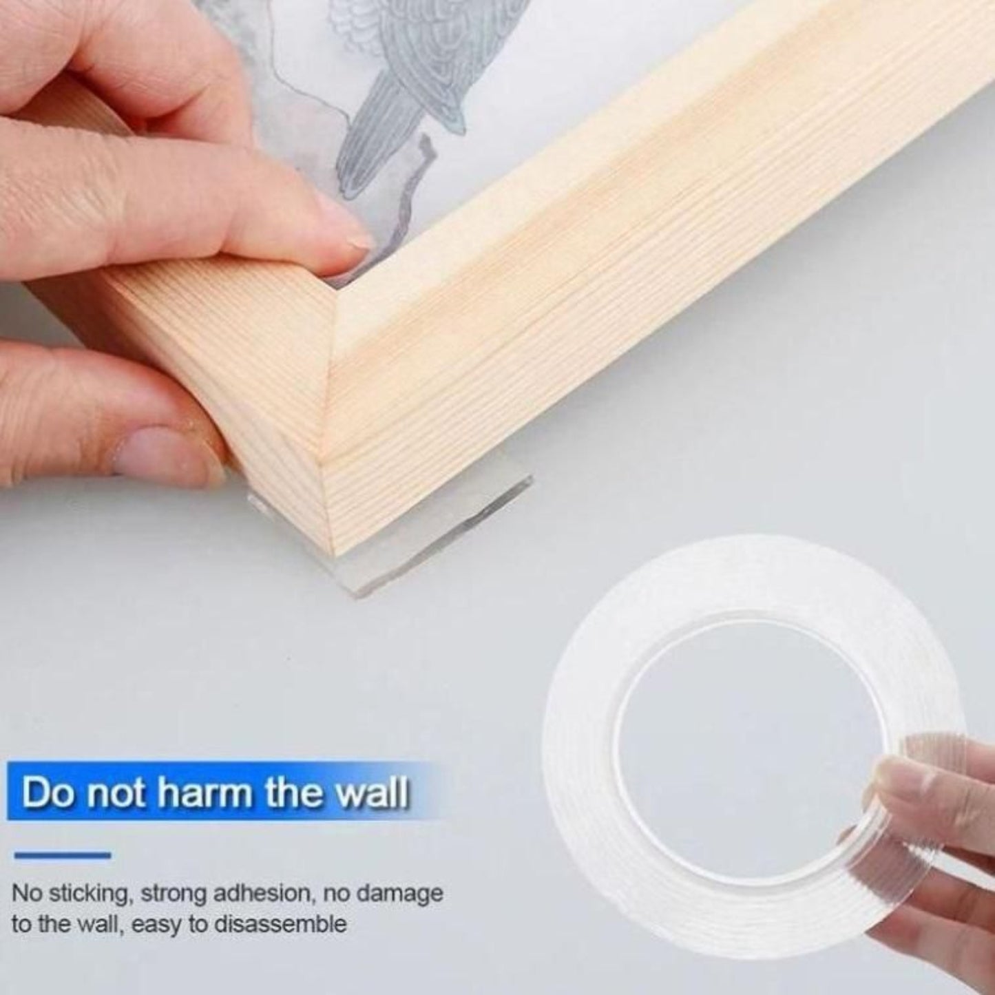 Person applying clear adhesive tape to a wooden frame with text indicating it's safe for walls.grandsell