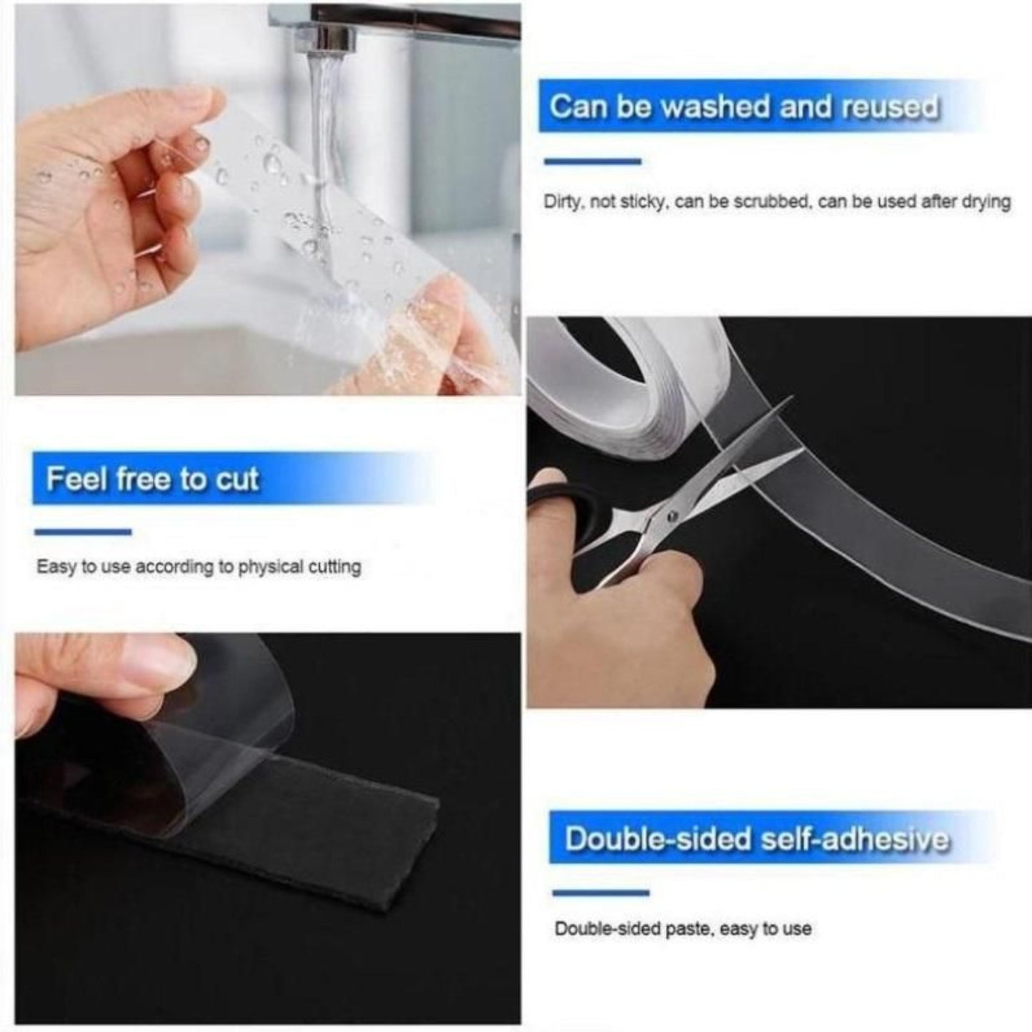 Product demonstration with text on washing, cutting, and adhesive properties.grandsell