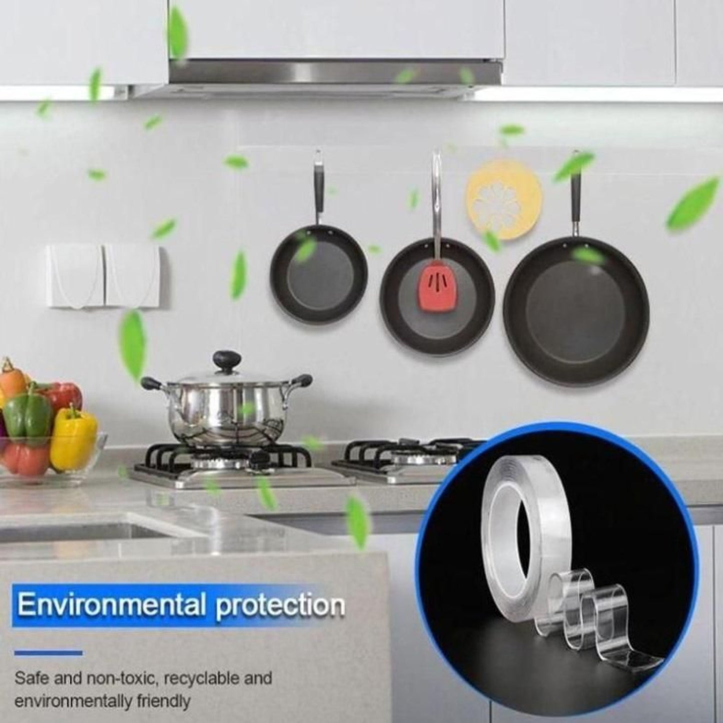 Kitchen setting with pots and pans on hooks, green leafy elements, and a roll of tape with text about environmental protection. grandsell