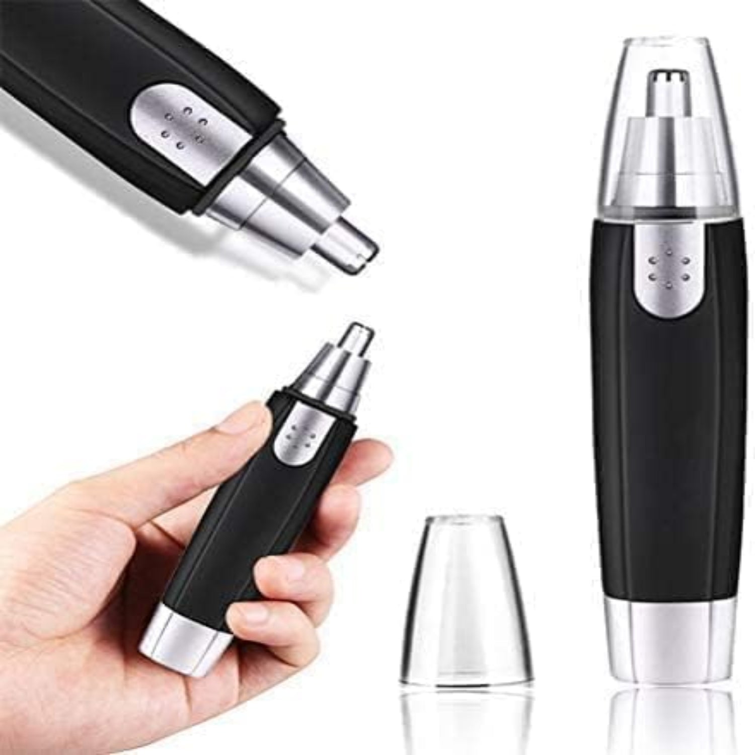 Black and silver nose hair trimmer with attachments on a white background