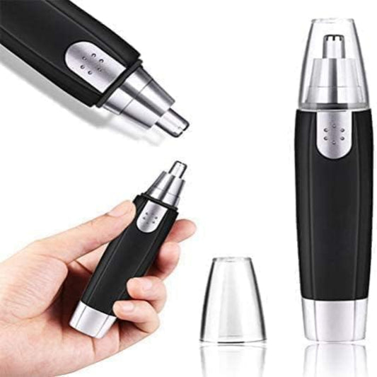Black and silver nose hair trimmer with attachments on a white background