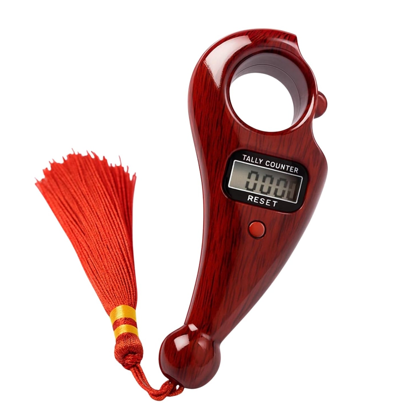 Red digital tally counter with a tassel on a white background
