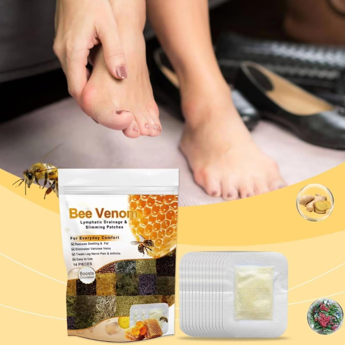 Bee Venom patches with packaging and a foot being treated on a yellow  grandsellbackground