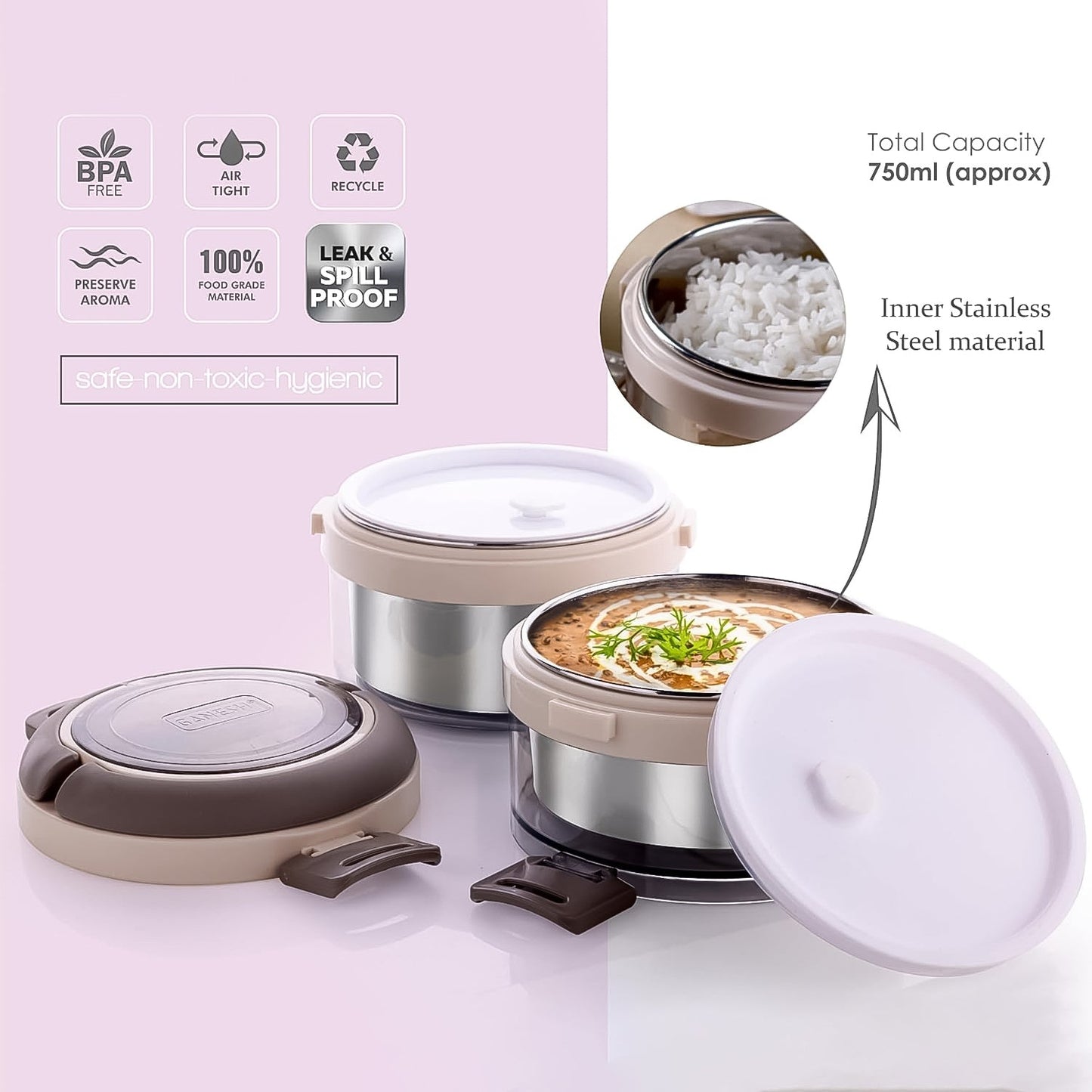 Ganesh Steko - 2 Double Layer Stainless Steel Insulated Lunch Box Set - Grandsell