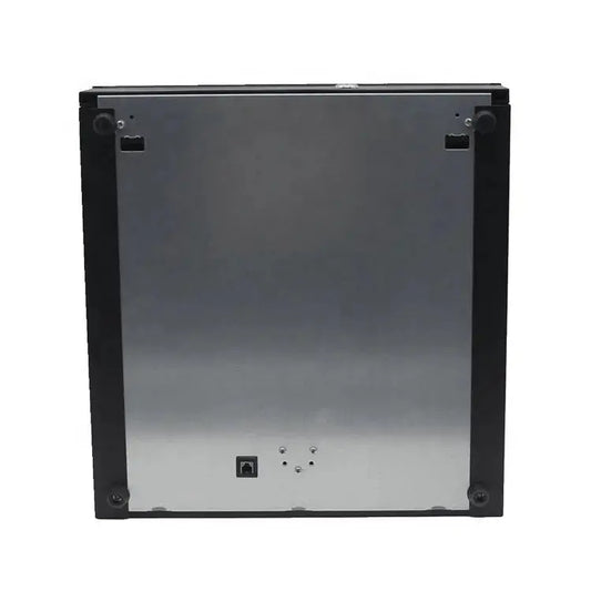 Black electronic device with a metallic finish on a white background