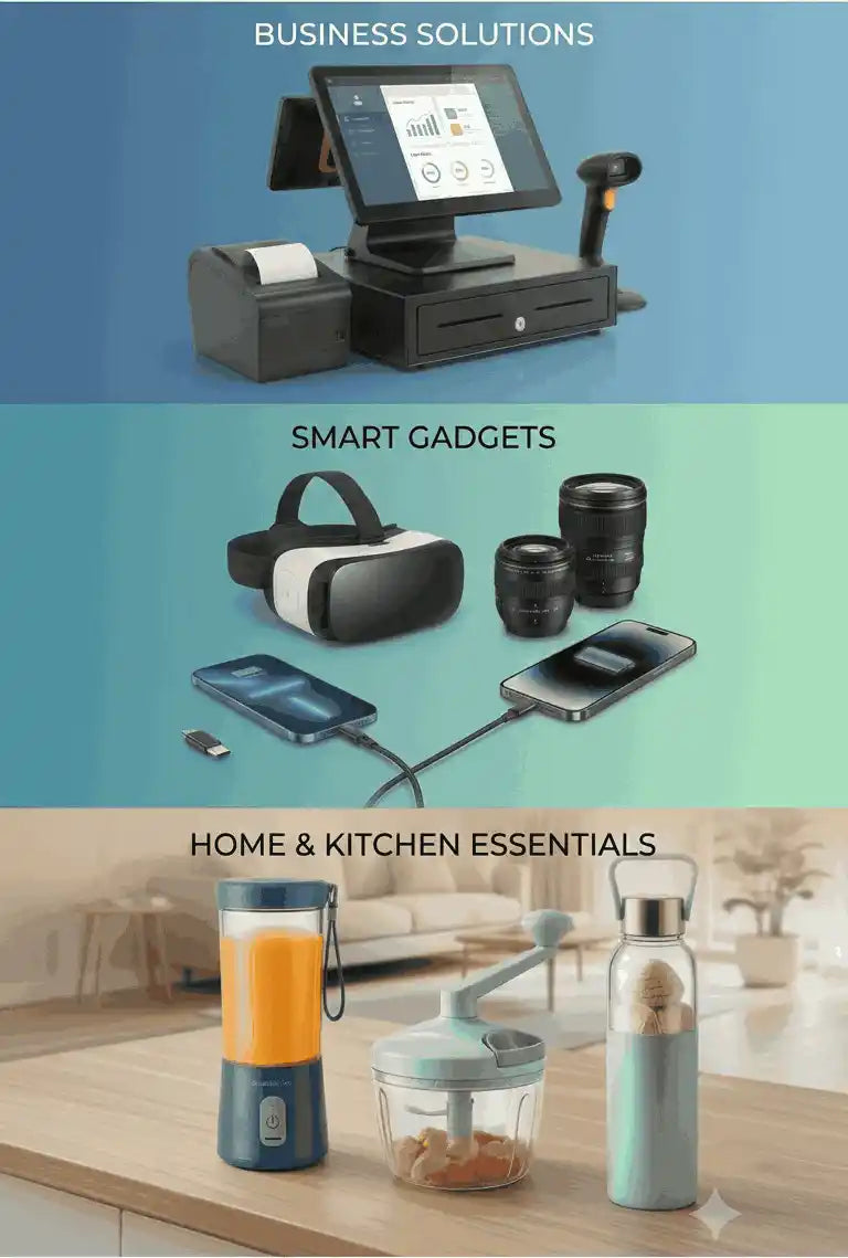 Collage of business solutions, smart gadgets, and home kitchen essentials with labeled categories.