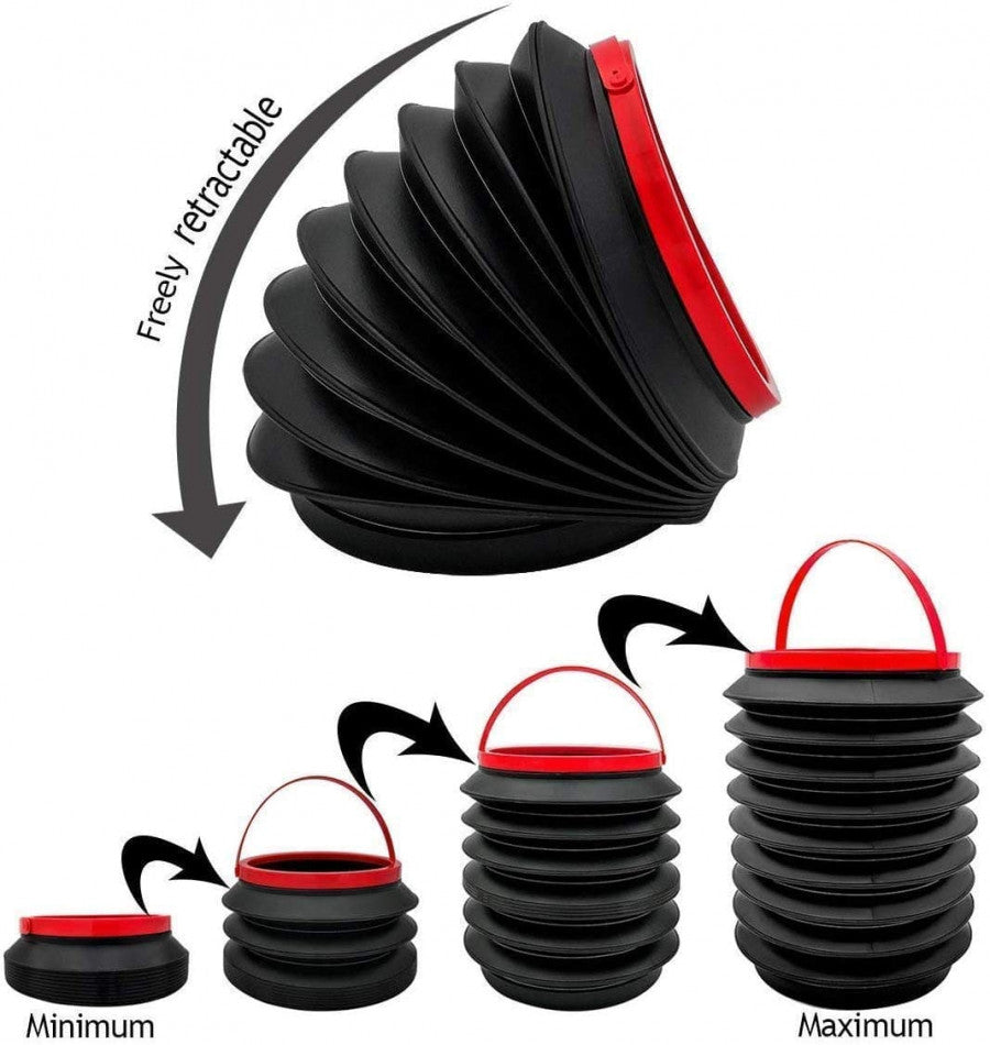 Collapsible black and red container with various stages of expansion shown.