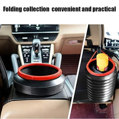 Folding car cup holder with red interior in a car console, shown in two views.