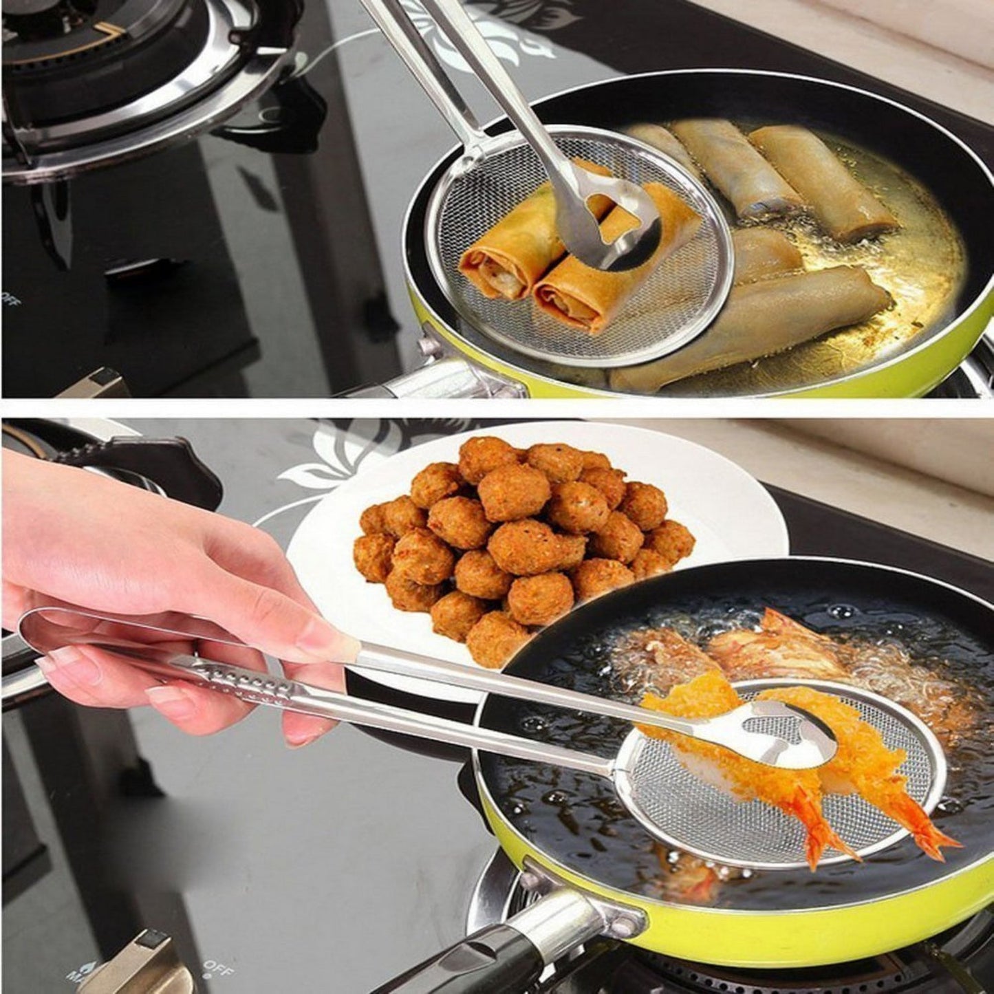 Multi - Functional 2 - in - 1 Fry Tool Filter Spoon Strainer with Clip – Stainless Steel Oil Drainer & Frying Tong - Grandsell