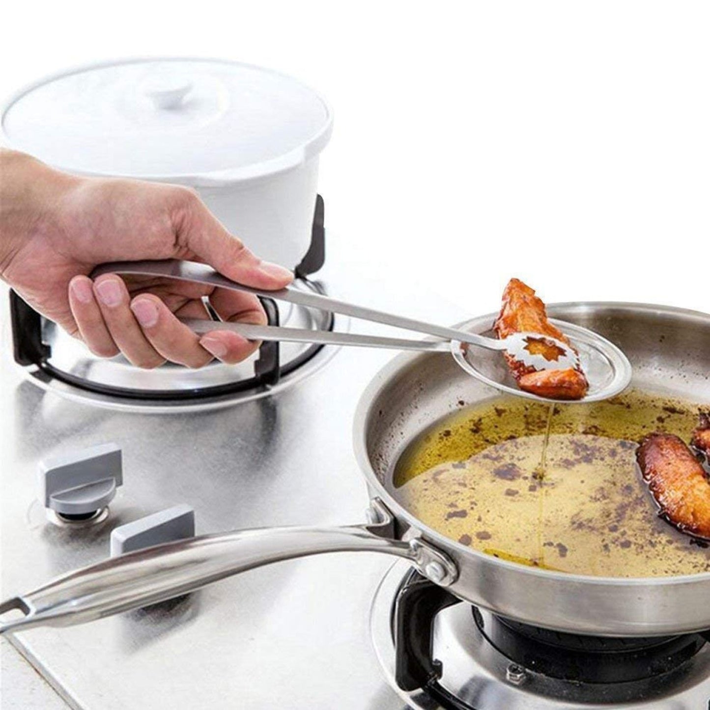 Multi - Functional 2 - in - 1 Fry Tool Filter Spoon Strainer with Clip – Stainless Steel Oil Drainer & Frying Tong - Grandsell
