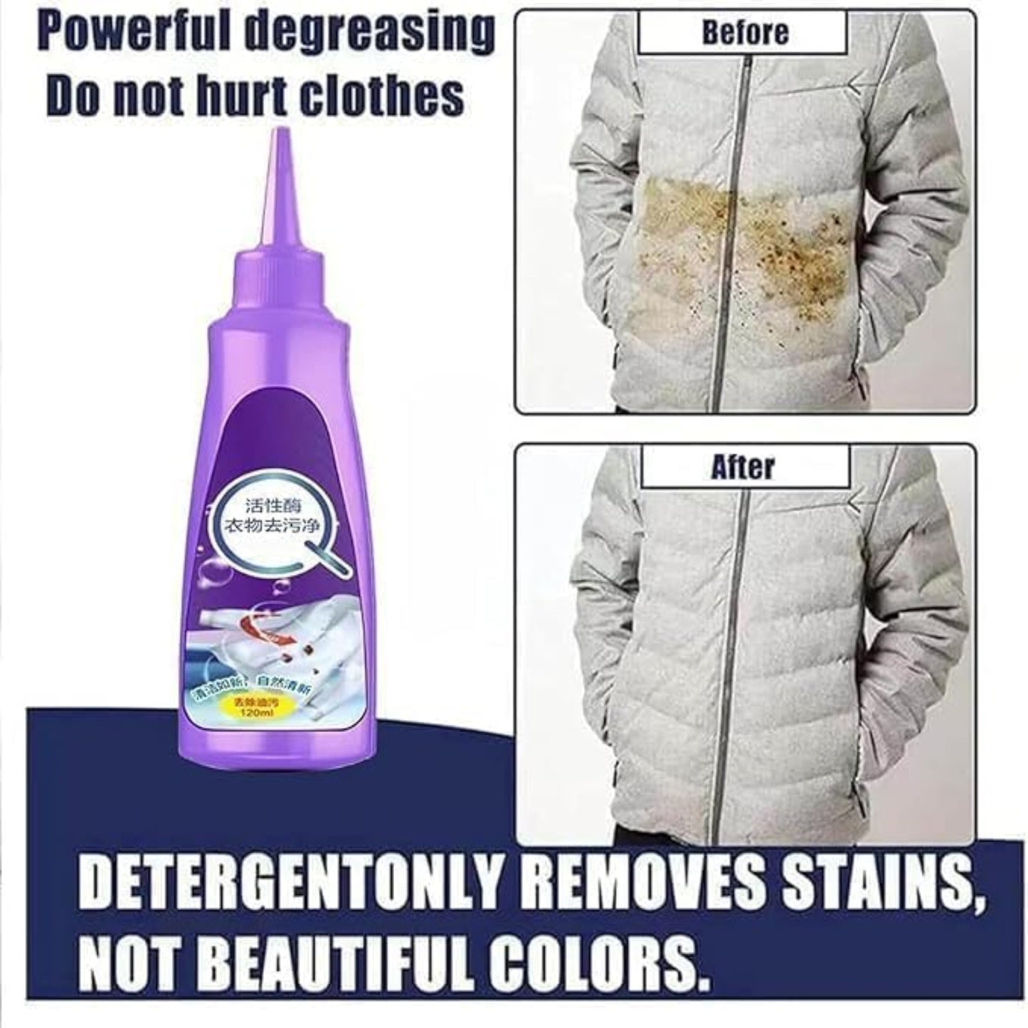 Cleaning product with a before and after comparison of a stained jacket. grandsell