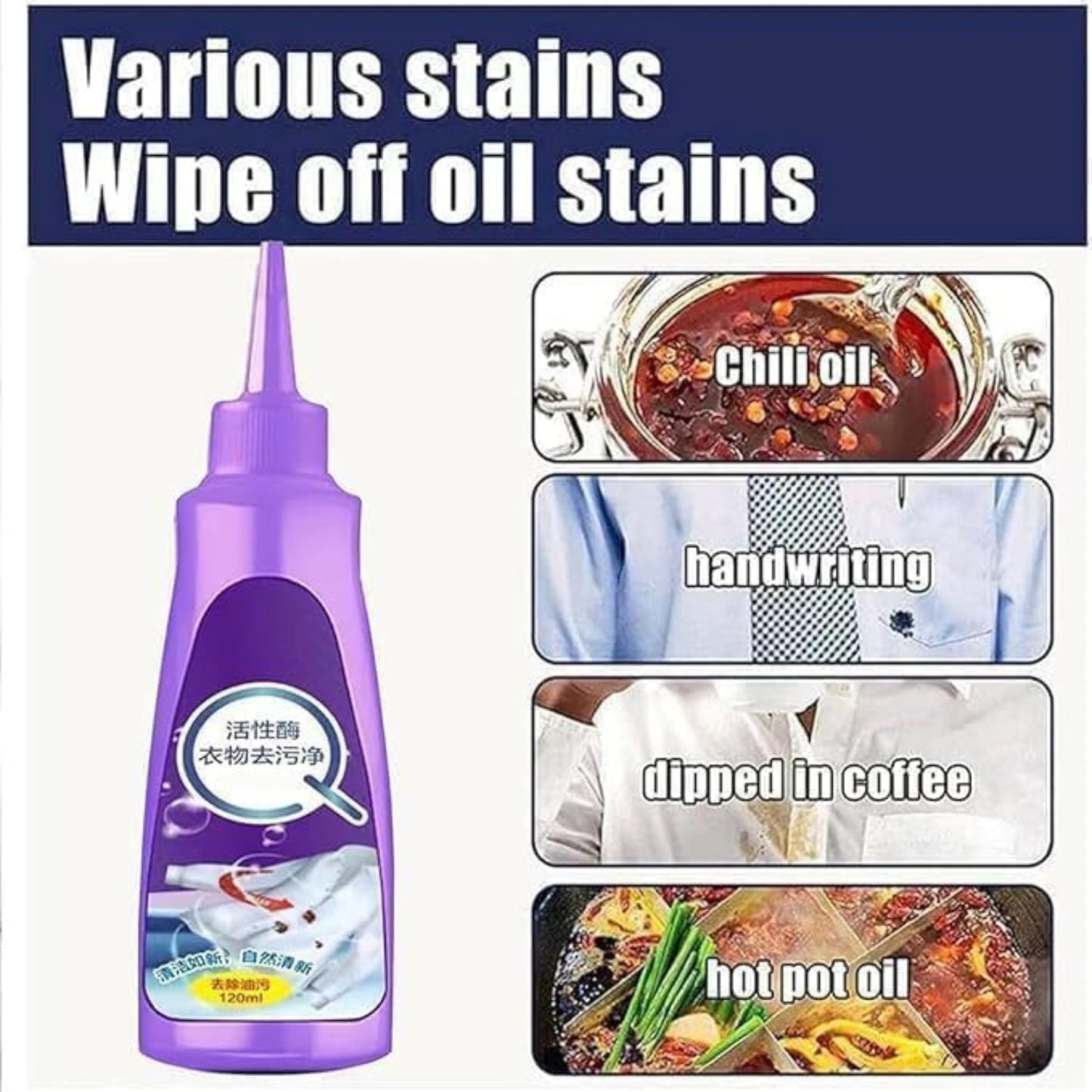 Purple bottle of stain remover with images showing its effectiveness on different stains. grandsell