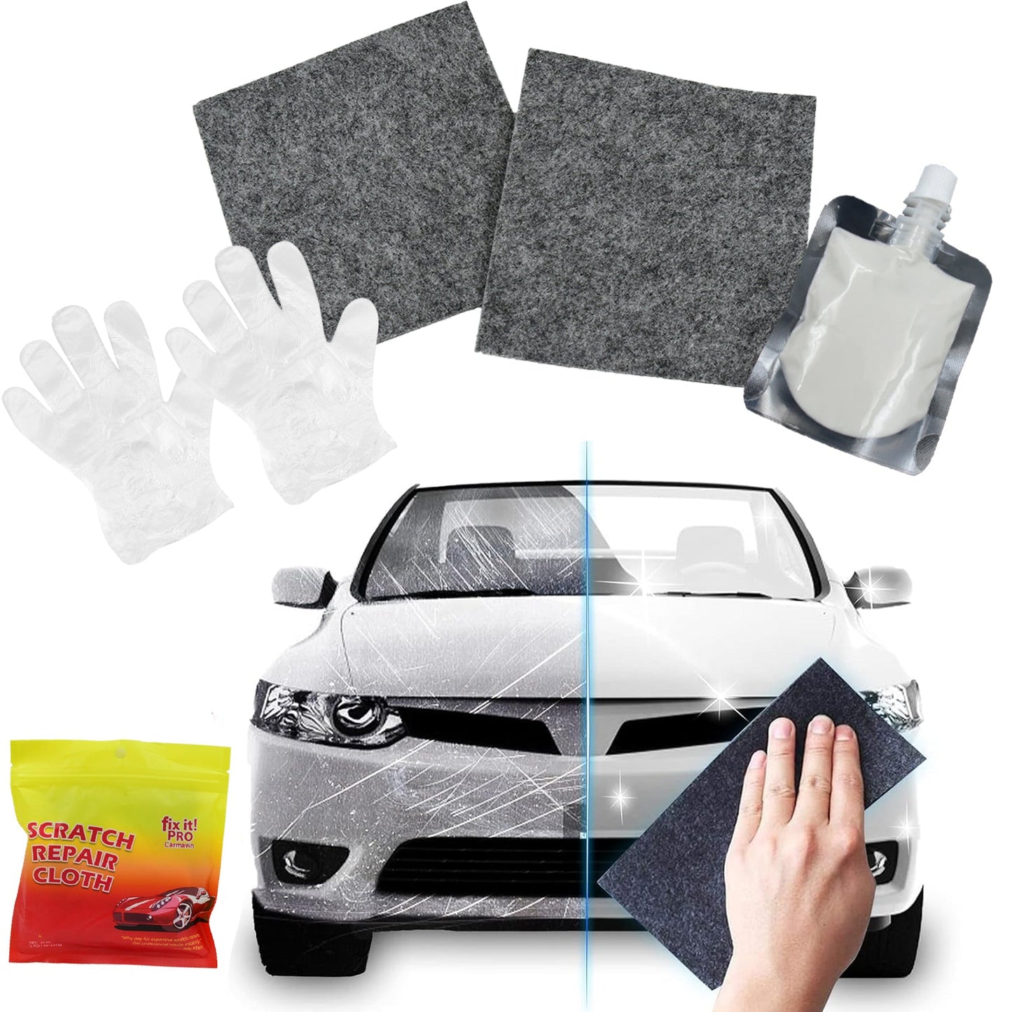 Nano Magic Car Scratch Remover Cloth Multipurpose Scratch Repair Cloth Cloth For Car Paint Scratch Repair Easy To Repair Slight Scratches On The Surface Polishing Repeatable Use For All Kinds Of Car (45 Ml Repair Solution 2 Gloves 2 Nano Cloth) - Grandsell
