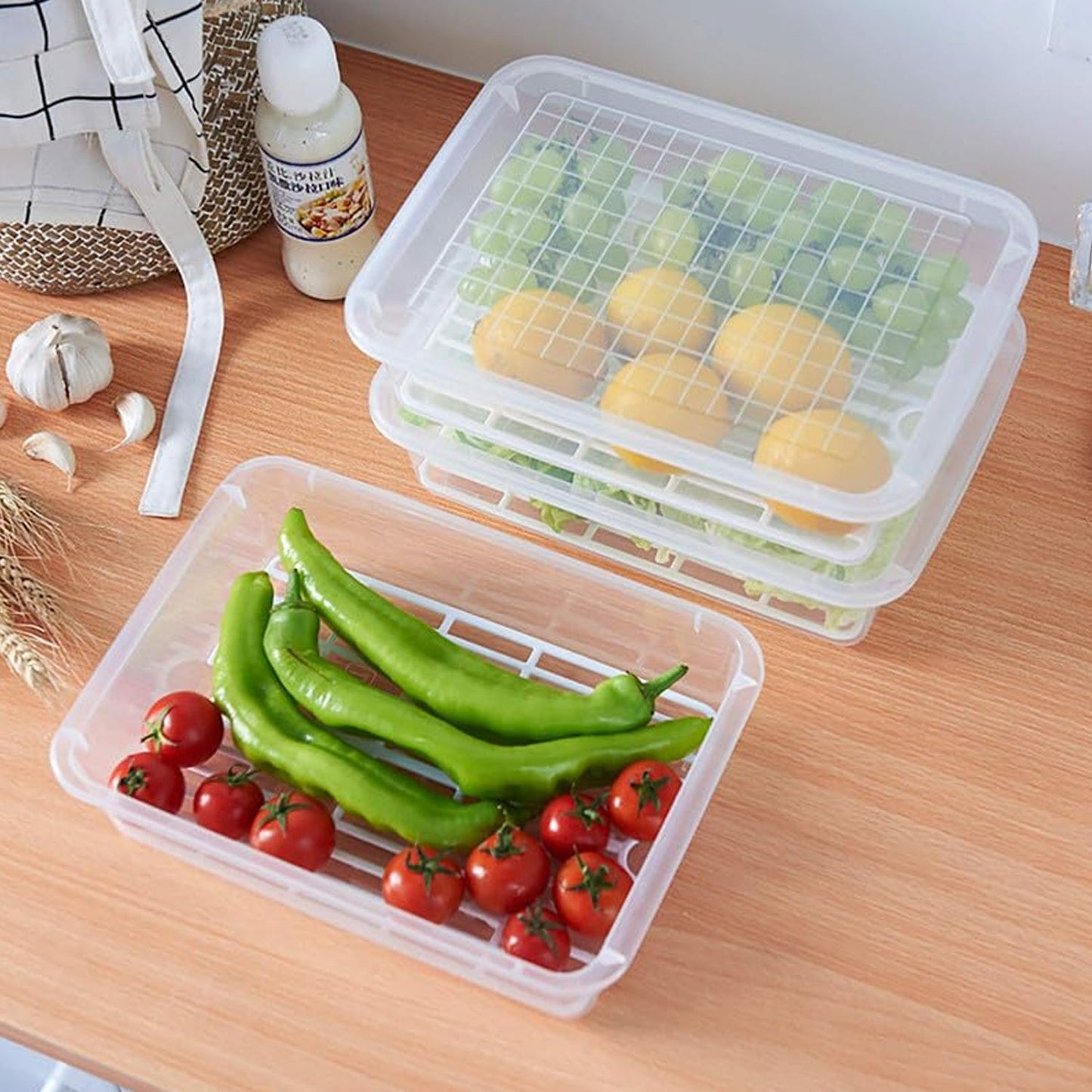 Plastic Food Storage Containers With Removable Drain Tray And Lid (3 Pcs Set) - Grandsell