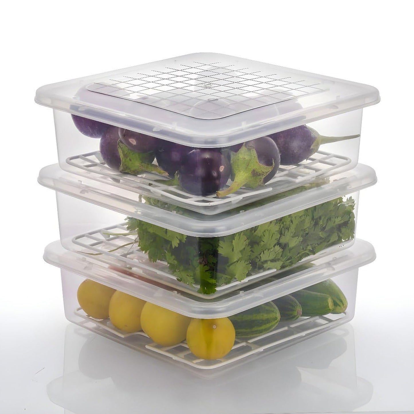 Plastic Food Storage Containers With Removable Drain Tray And Lid (3 Pcs Set) - Grandsell