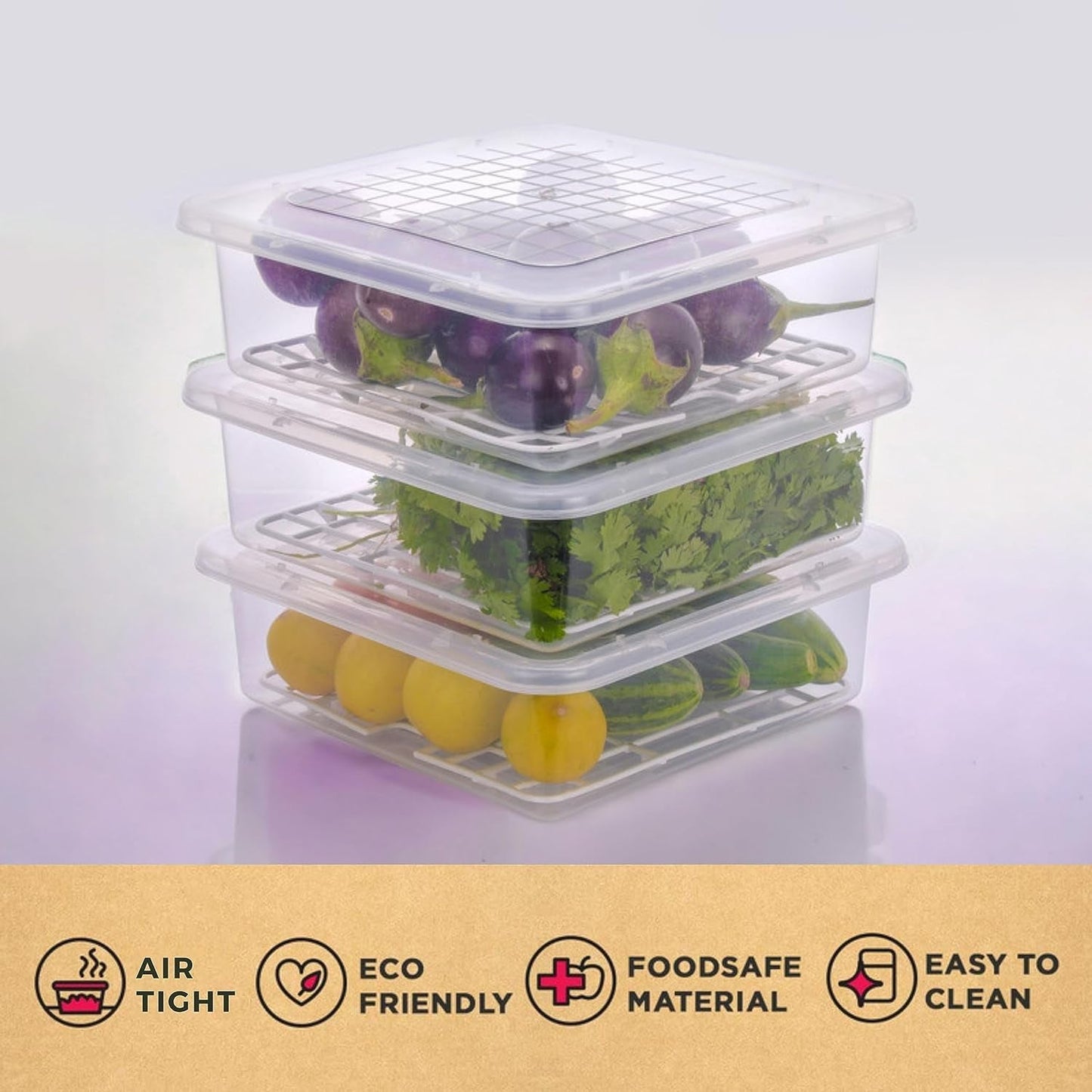 Plastic Food Storage Containers With Removable Drain Tray And Lid (3 Pcs Set) - Grandsell