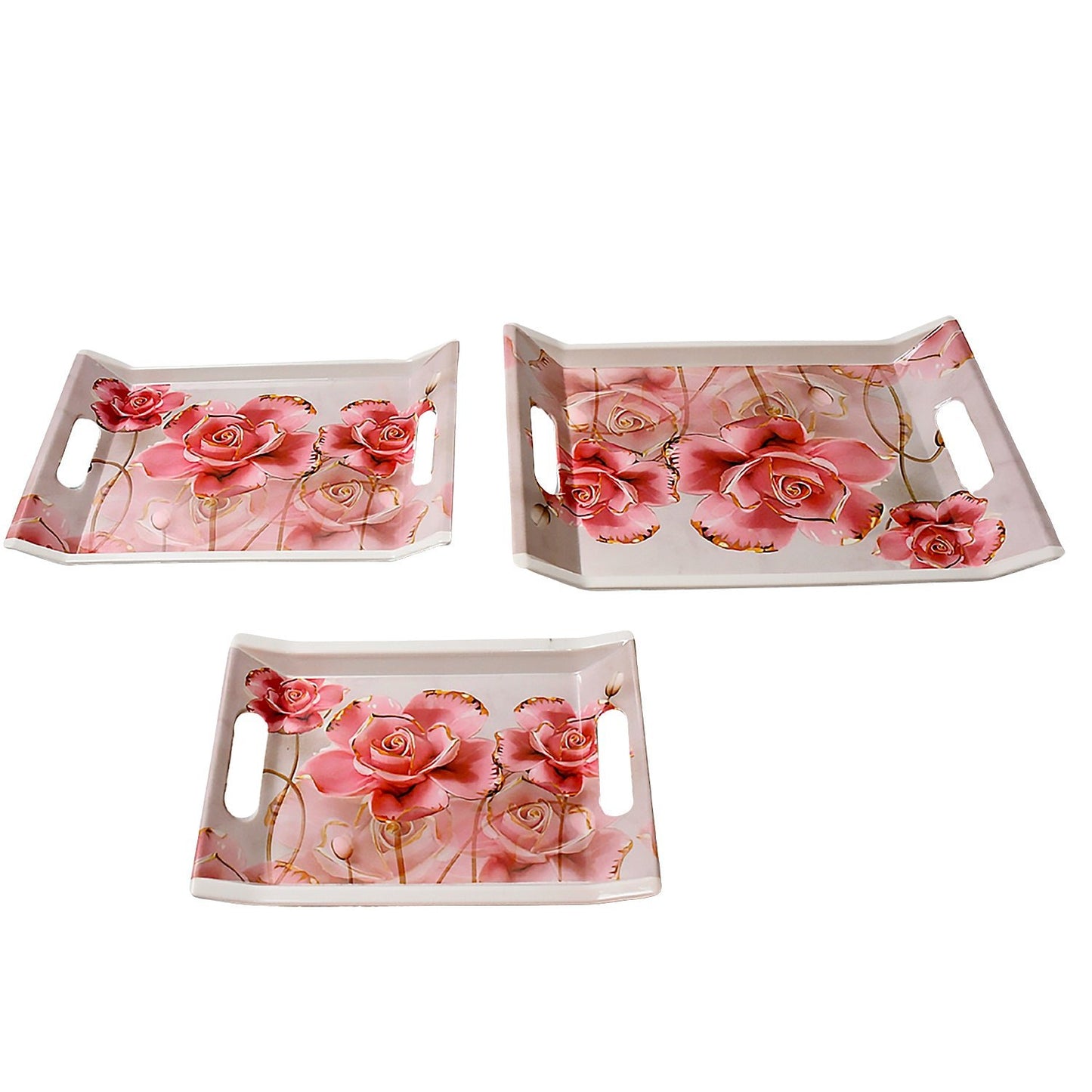 Plastic Rectangular Shape Flower Printed Design Serving Tray 3 Pcs - Grandsell