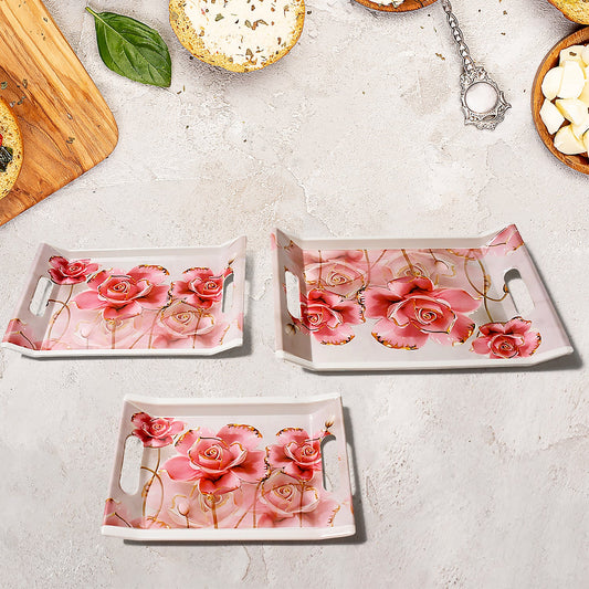 Plastic Rectangular Shape Flower Printed Design Serving Tray 3 Pcs - Grandsell