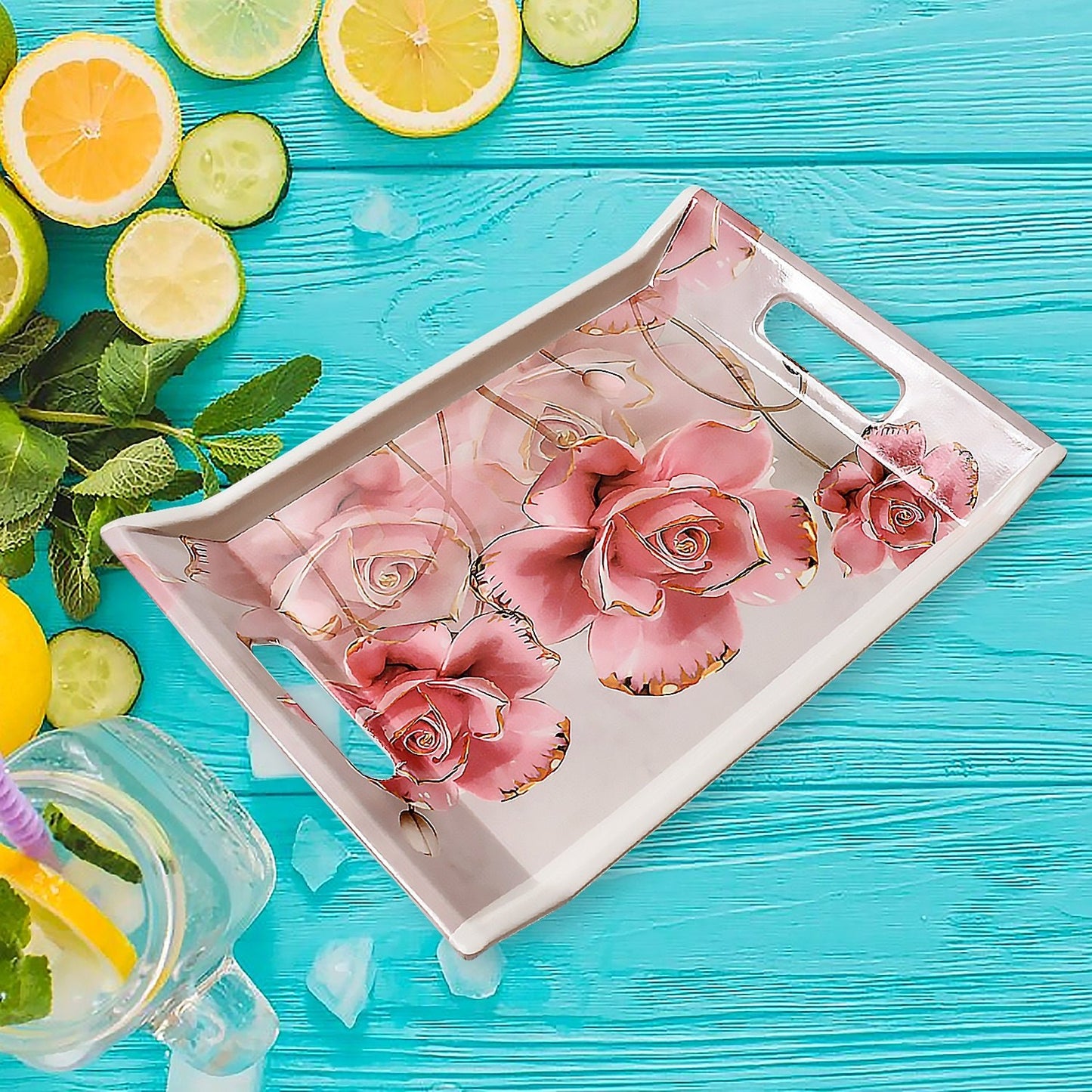 Plastic Rectangular Shape Flower Printed Design Serving Tray 3 Pcs - Grandsell