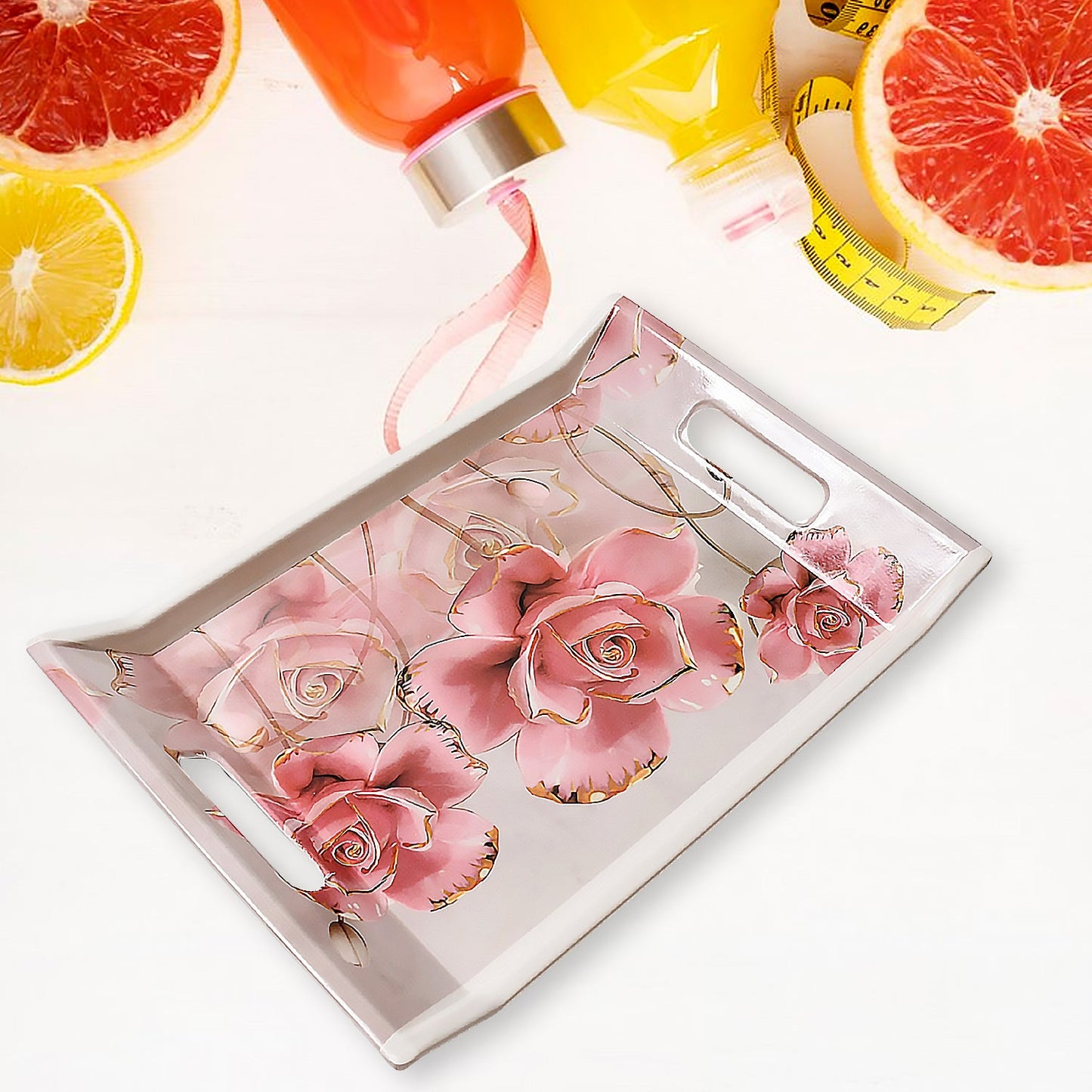 Plastic Rectangular Shape Flower Printed Design Serving Tray 3 Pcs - Grandsell