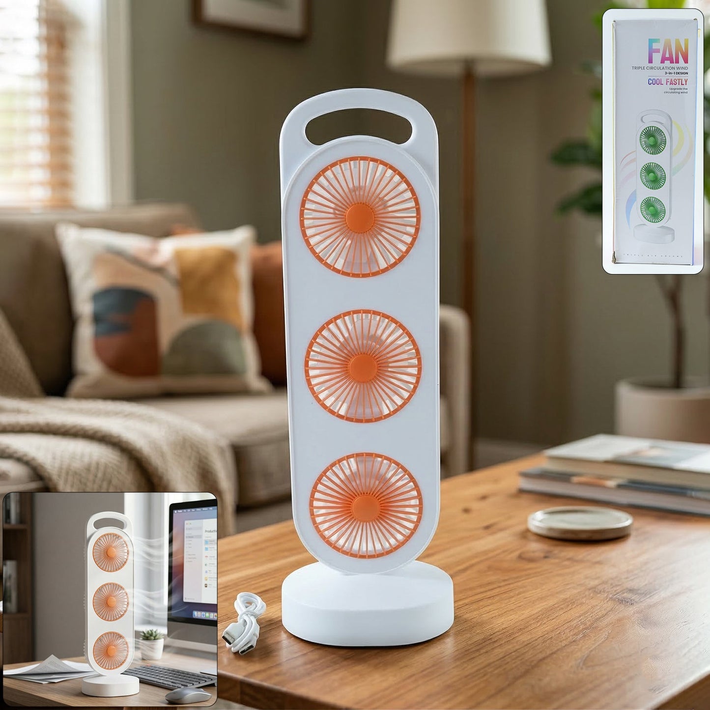 Portable 3 In 1 Design Triple Head Table Fan (1 Pc) - Grandsell