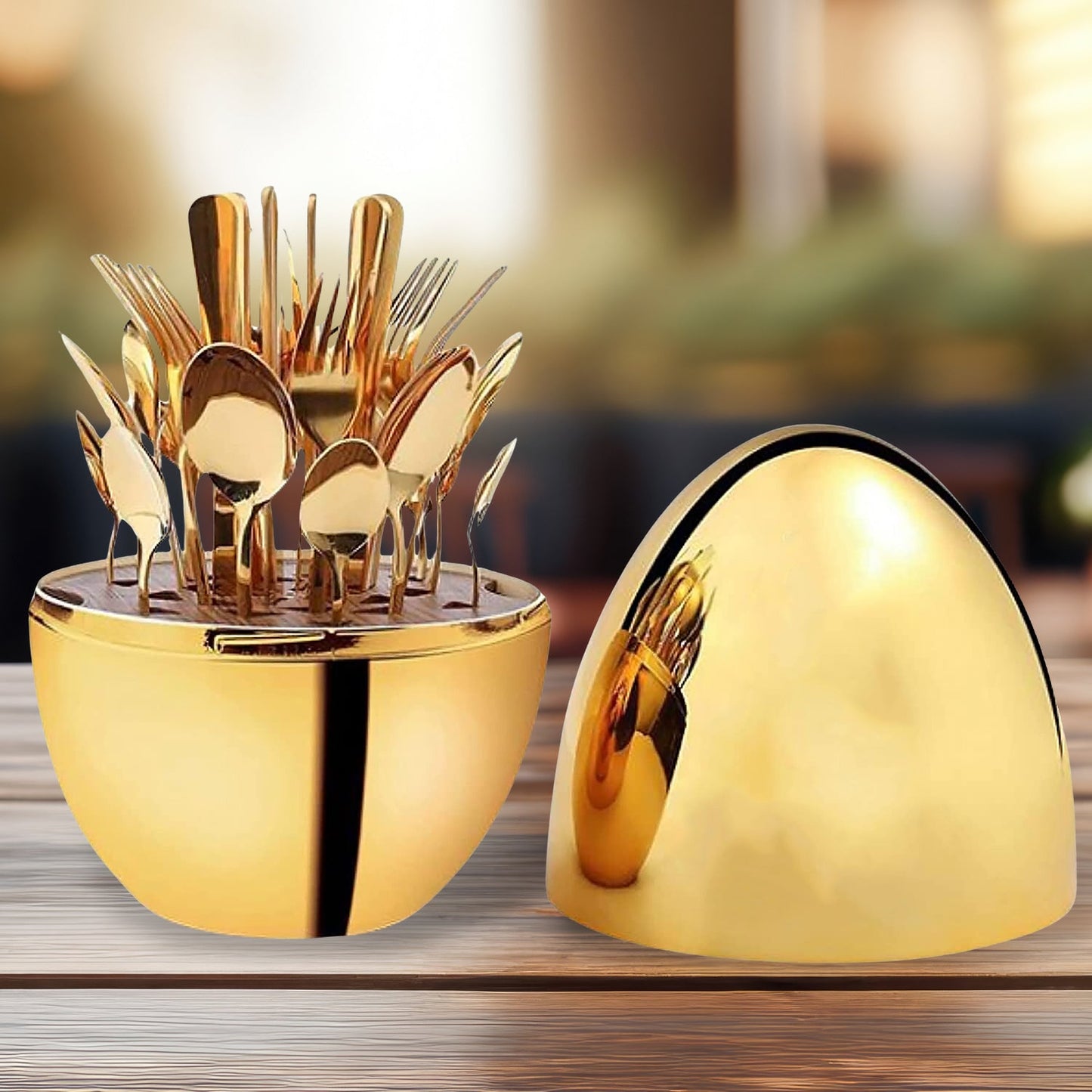 Premium Cutlery Set 24 Pcs With Oval Shaped Stand Beautiful Stylish Oval Designed Cutlery Sets Egg - shaped Luxury Spoon Holder Set (Golden 24 Pcs Set) - Grandsell