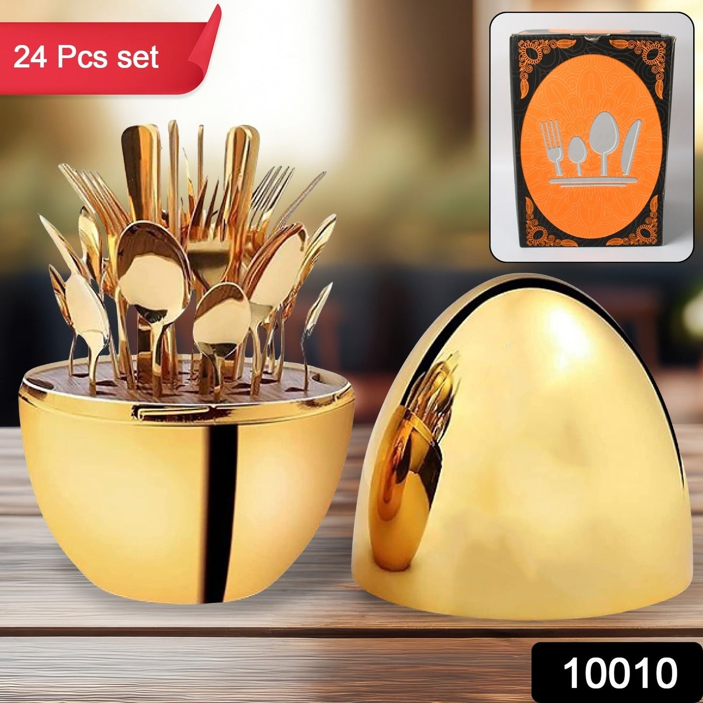 Premium Cutlery Set 24 Pcs With Oval Shaped Stand Beautiful Stylish Oval Designed Cutlery Sets Egg - shaped Luxury Spoon Holder Set (Golden 24 Pcs Set) - Grandsell