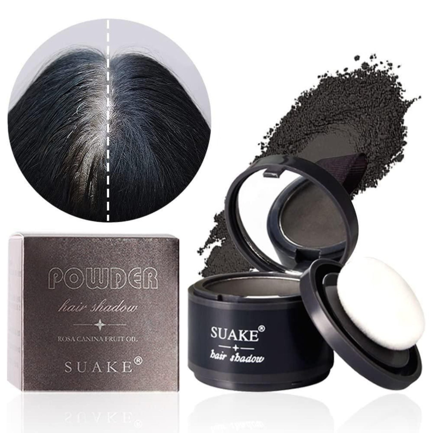 SUAKE hair shadow product with packaging and powder application on a white background