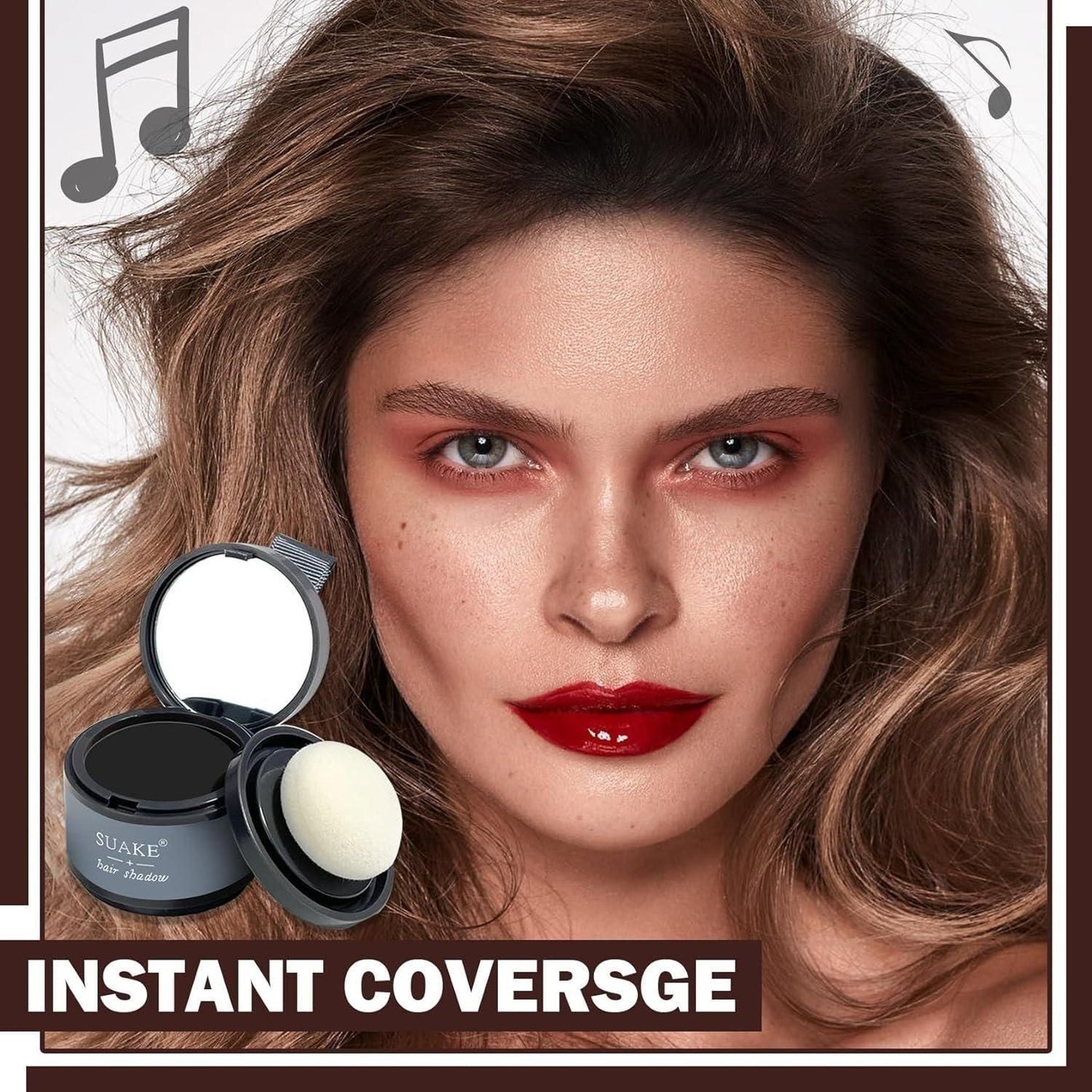 Woman with makeup product and 'Instant Coverage' text