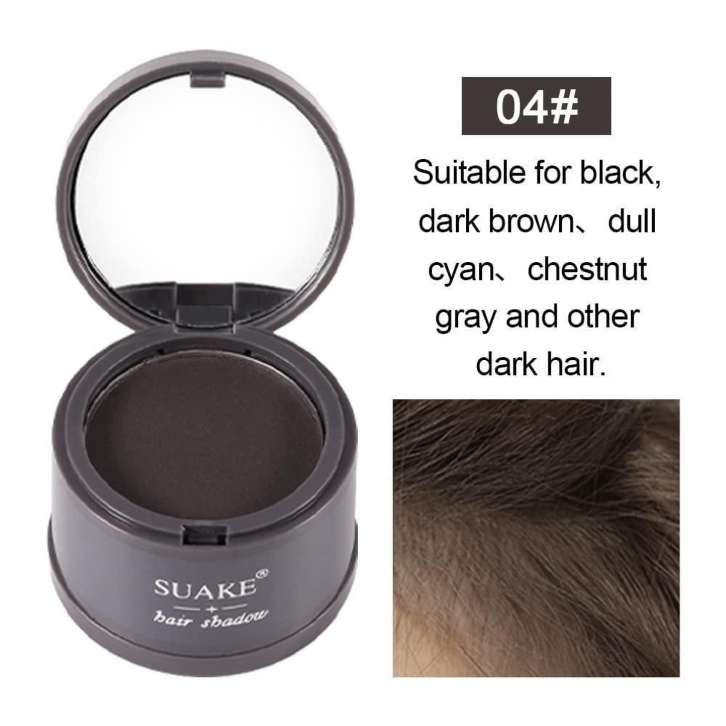 SUAKE hair shadow container with a sample application on hair, suitable for dark hair colors.