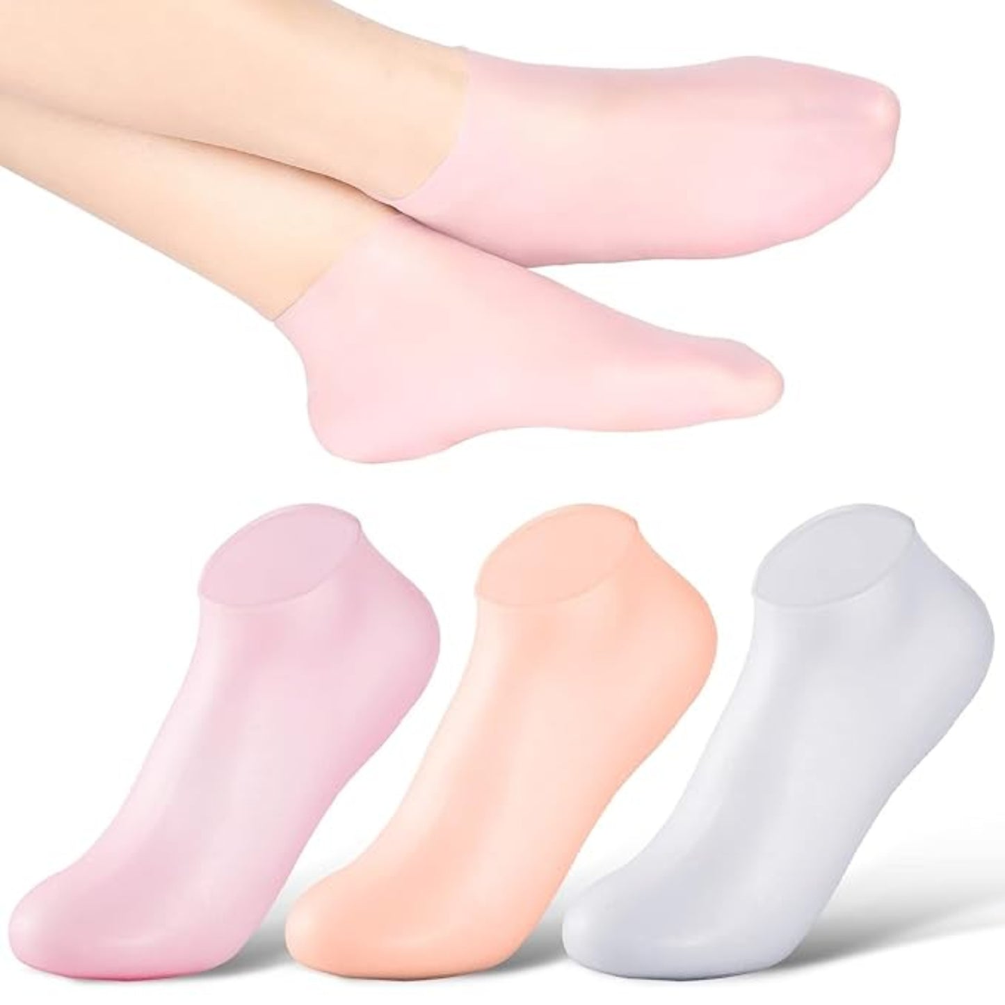 Three pairs of socks in pink, peach, and white on a white background-grandsell
