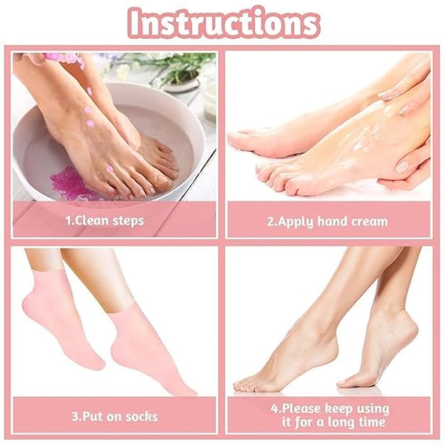 Step-by-step instructions for foot care with images of cleaning steps, applying hand cream, putting on socks, and using a product.-grandsell