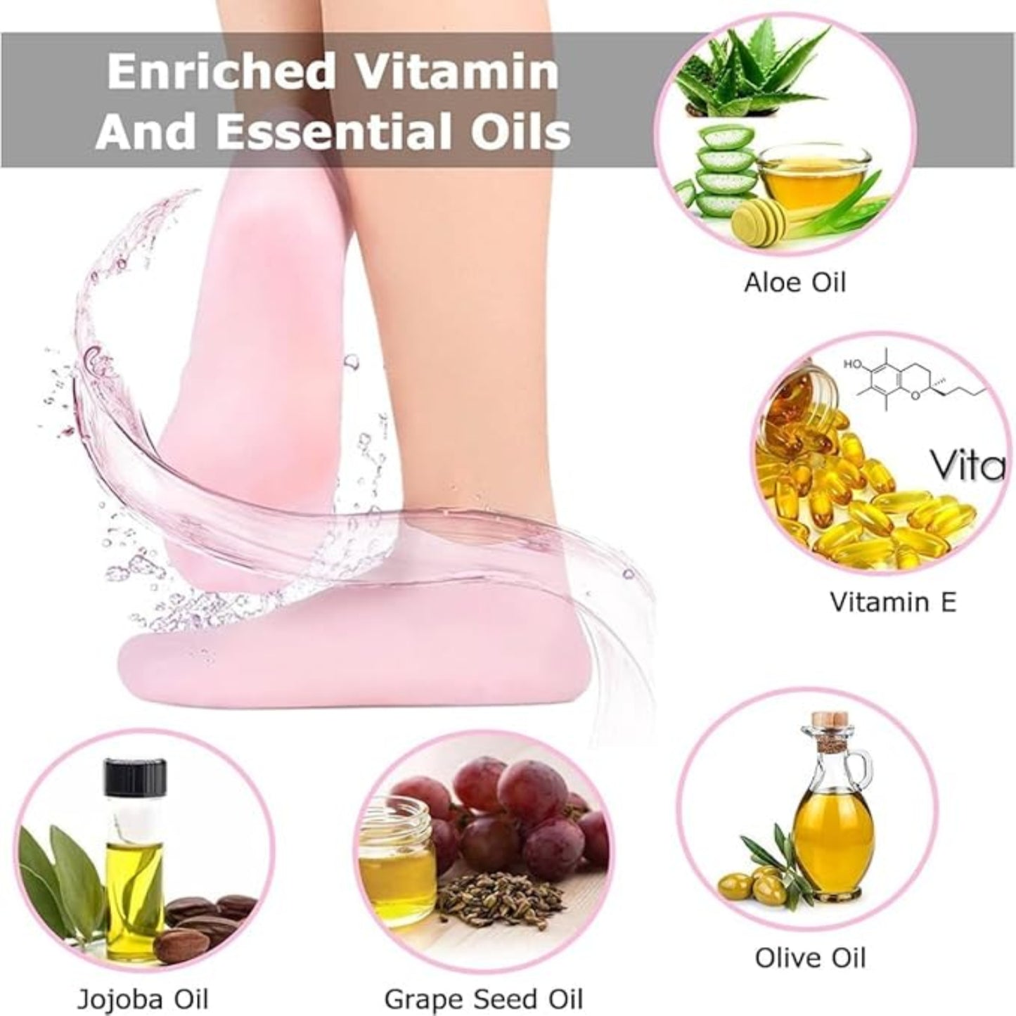 Pink silicone foot coverings with images of oils and vitamins on a white background