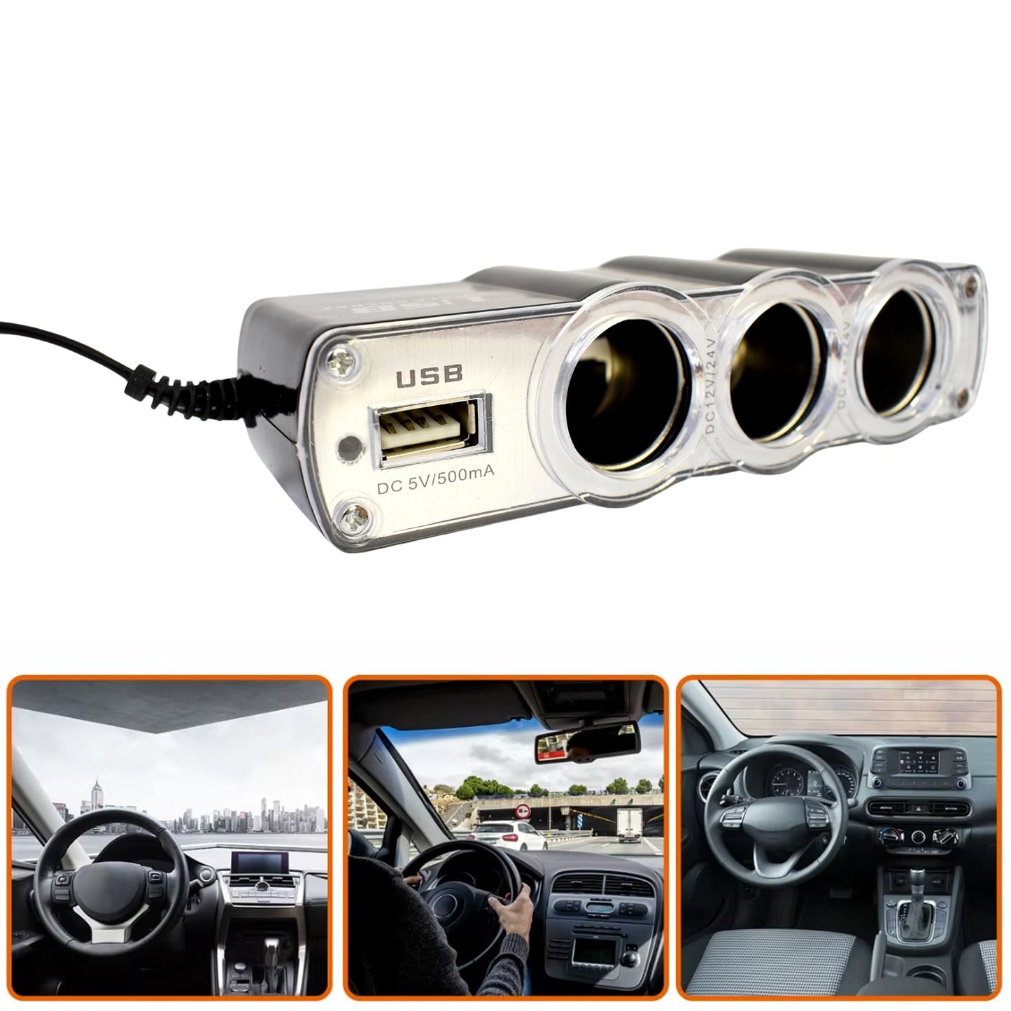 Triple 3 Way Car 12v Lighter Socket Splitter Usb Charger Power Adapter - Grandsell
