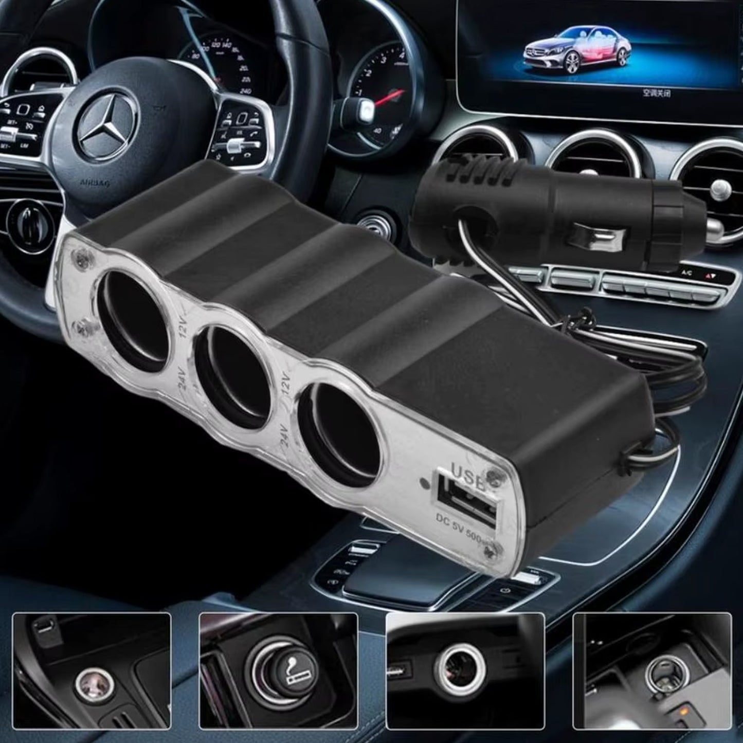 Triple 3 Way Car 12v Lighter Socket Splitter Usb Charger Power Adapter - Grandsell