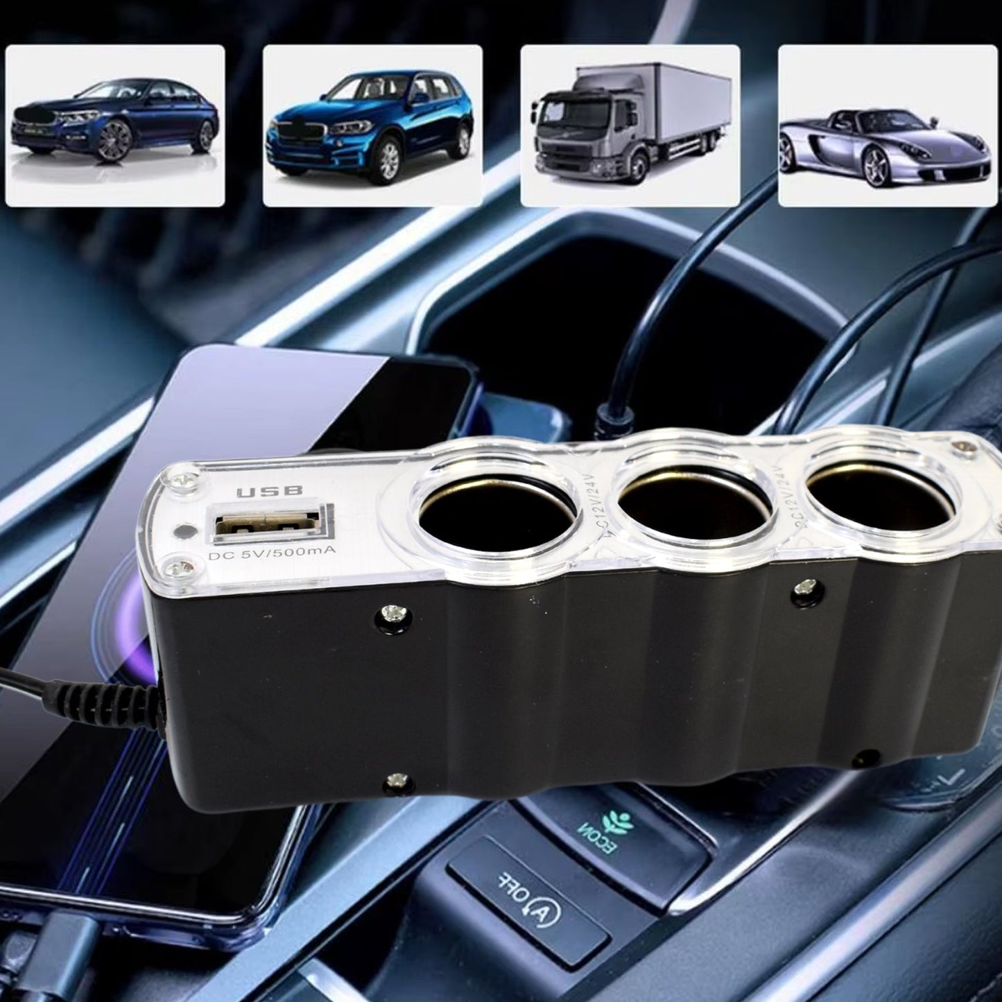 Triple 3 Way Car 12v Lighter Socket Splitter Usb Charger Power Adapter - Grandsell