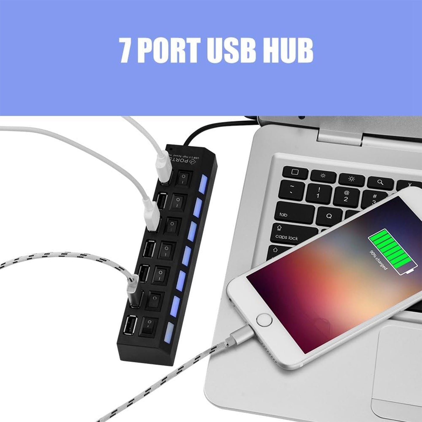 Usb Splitter Multi Port Usb 2.0 Hub 7 Port With Independent Onoff Switch And Led Indicators Usb A Port Data Hub Suitable For Pc Computer Keyboard Laptop Mobile Hdd Flash Drive Camera Etc - Grandsell