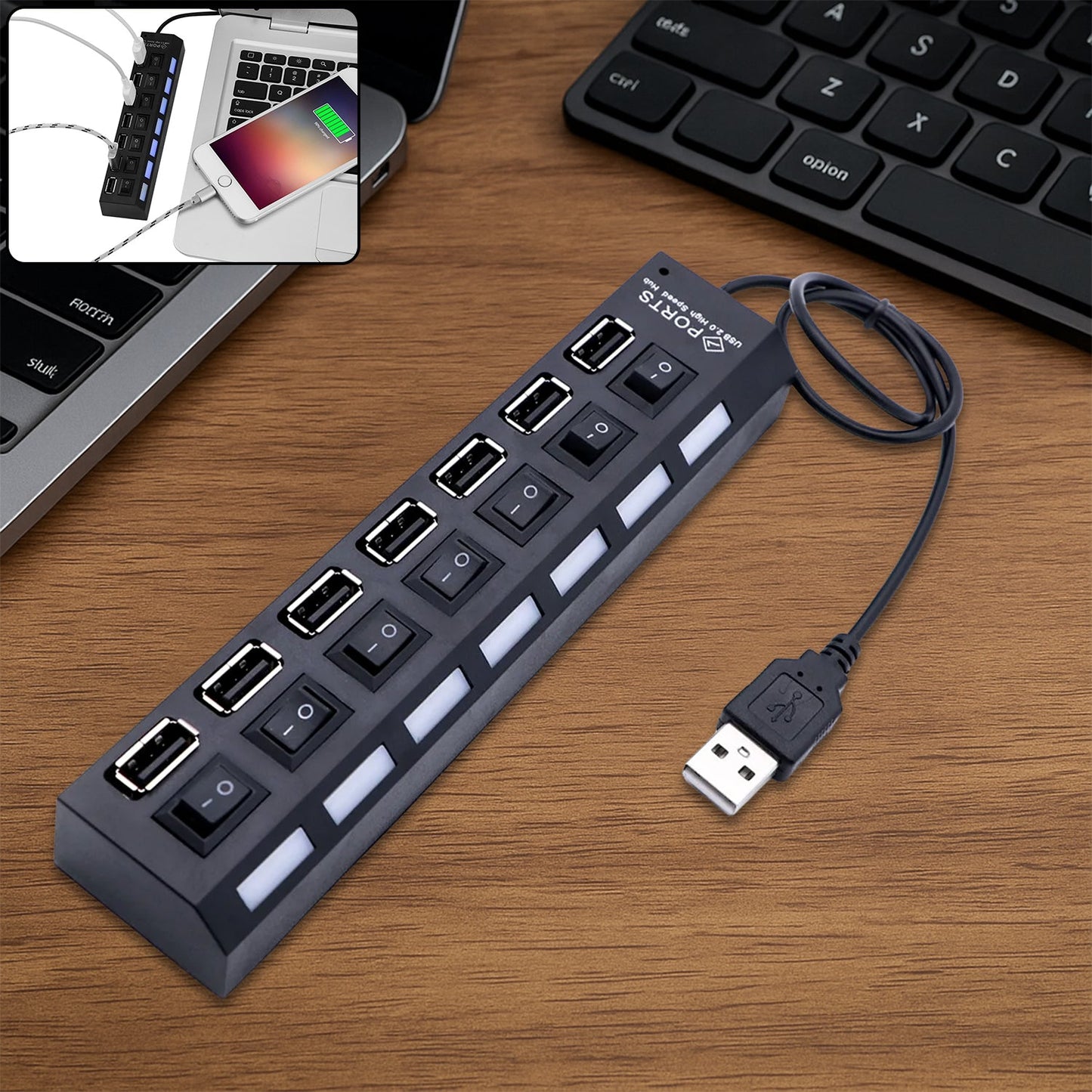 Usb Splitter Multi Port Usb 2.0 Hub 7 Port With Independent Onoff Switch And Led Indicators Usb A Port Data Hub Suitable For Pc Computer Keyboard Laptop Mobile Hdd Flash Drive Camera Etc - Grandsell