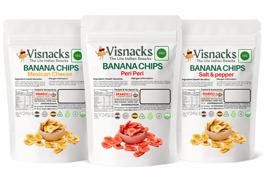 Visnacks Banana Chips – Salt & Pepper, Peri Peri & Mexican Cheese | Crunchy Indian Snacks - Grandsell