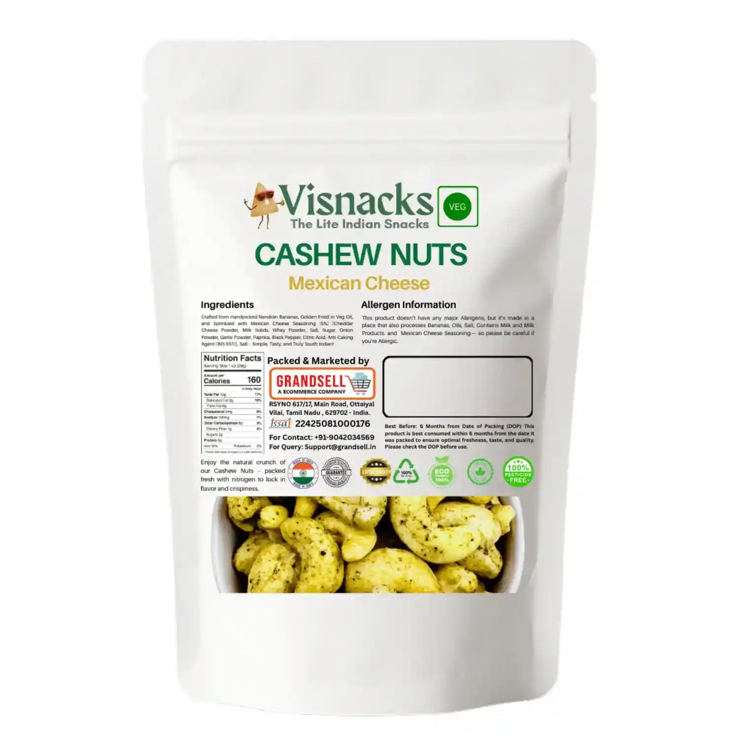 Visnacks Cashew Nuts Mexican Cheese packaging on a white background