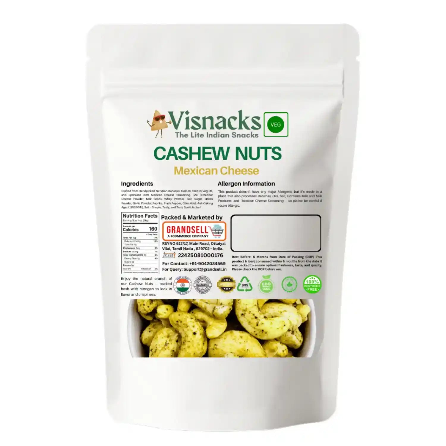 Visnacks Cashew Nuts Mexican Cheese packaging on a white background
