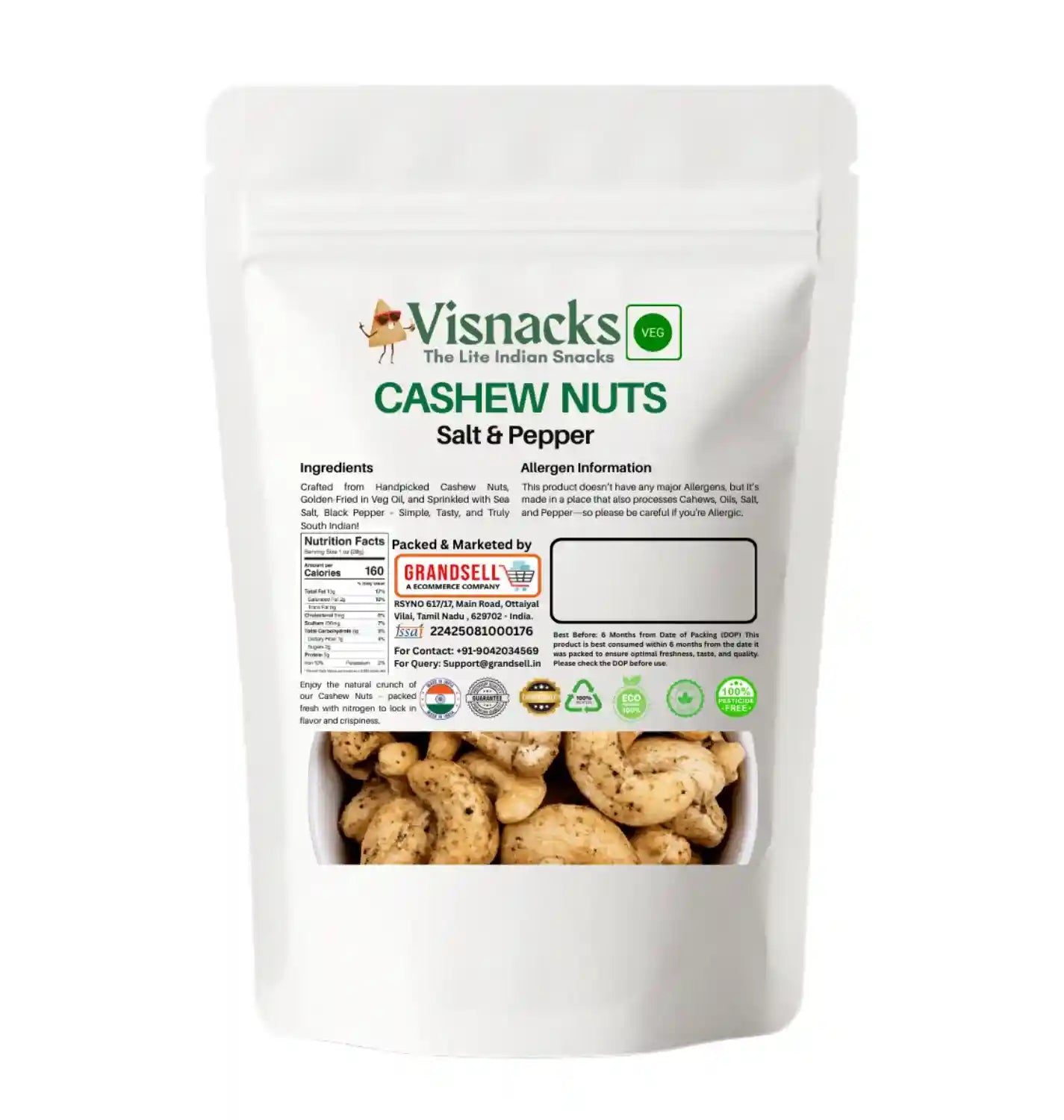 Visnacks Cashew Nuts Salt & Pepper packaging on a white background