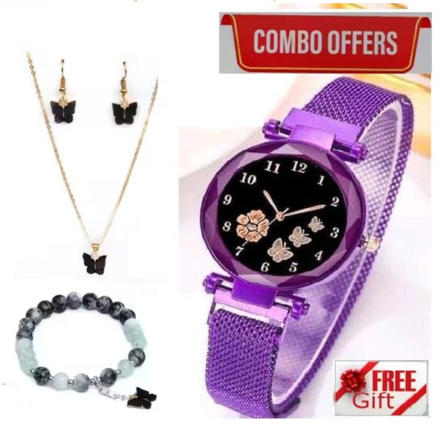Women’s Butterfly Design Analog Purple Watch with Bracelet, Necklace & Earrings - Combo Gift Set - Grandsell